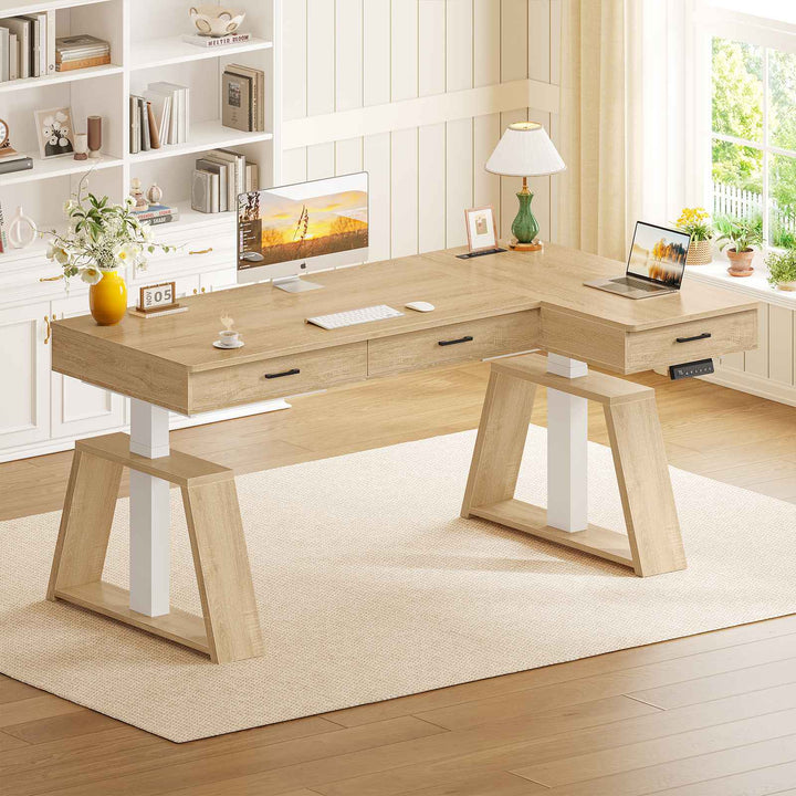 SEDETA 59 Inch L Shaped Electric Standing Desk Executive Height Adjustable Computer Desk with Drawers Power Outlets