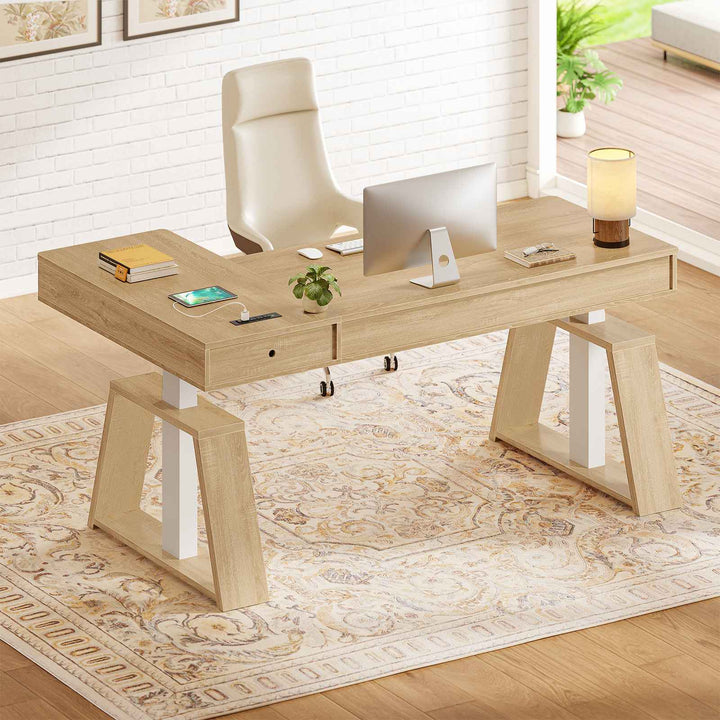 SEDETA 59 Inch L Shaped Electric Standing Desk Executive Height Adjustable Computer Desk with Drawers Power Outlets