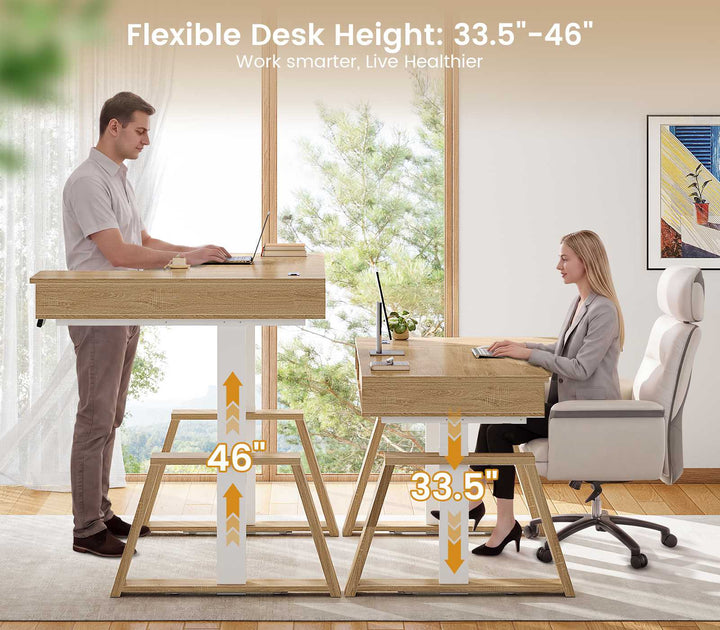 SEDETA 59 Inch L Shaped Electric Standing Desk Executive Height Adjustable Computer Desk with Drawers Power Outlets