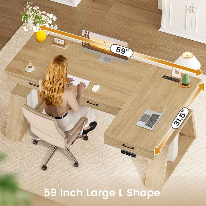 SEDETA 59 Inch L Shaped Electric Standing Desk Executive Height Adjustable Computer Desk with Drawers Power Outlets
