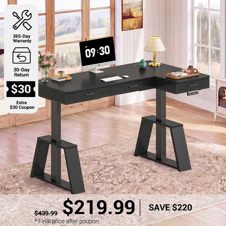 SEDETA® 59 Inch Electric Standing Desk L Shaped Height Adjustable Ergonomic Executive Computer Desk with Power Outlets Drawers