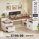 SEDETA® 59 Inch Farmhouse L Shaped Wood Computer Desk Corner Home Office Desk with File Drawers Storage Cabinet Monitor Stand Power Outlets
