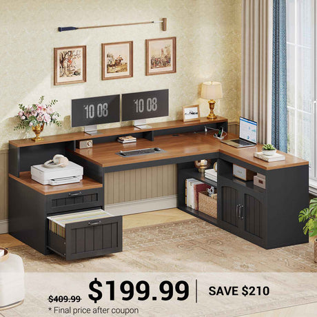 SEDETA | 59 Inch Wood Corner Computer Desk Farmhouse L Shaped Home Office Desk with Monitor Stand Power Outlets File Drawers Storage Cabinet