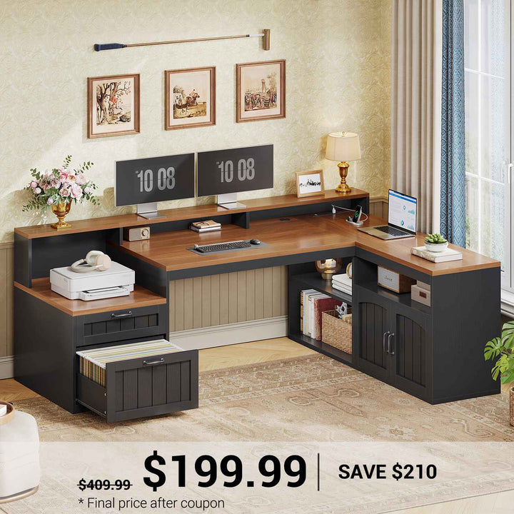 SEDETA® 59 Inch Farmhouse L Shaped Wood Computer Desk Corner Home Office Desk with File Drawers Storage Cabinet Monitor Stand Power Outlets