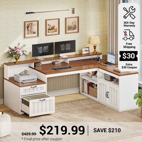 SEDETA 59 Inch Farmhouse L Shaped Desk with Drawers Office Desk with File Drawers Wood Corner Computer Desk with Storage Cabinet Home Office Desk with Monitor Stand Power Outlets