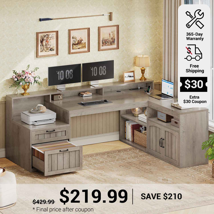SEDETA 59 Inch Farmhouse L Shaped Computer Desk Wood Corner Office Desk with Power Outlets File Drawers Storage Cabinet Monitor Stand