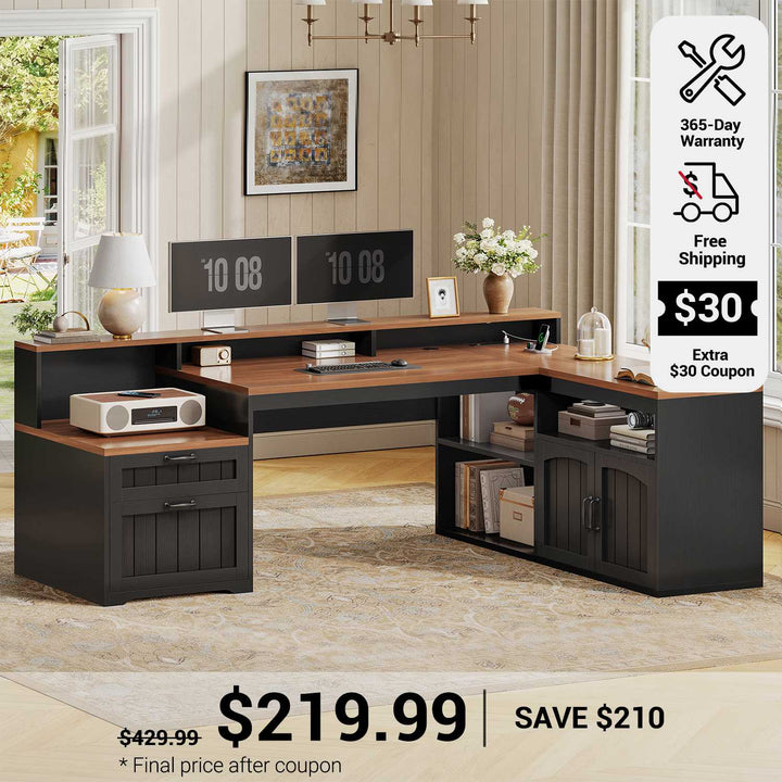 SEDETA 59 Inch Farmhouse L Shaped Computer Desk Wood Corner Office Desk with Power Outlets File Drawers Storage Cabinet Monitor Stand