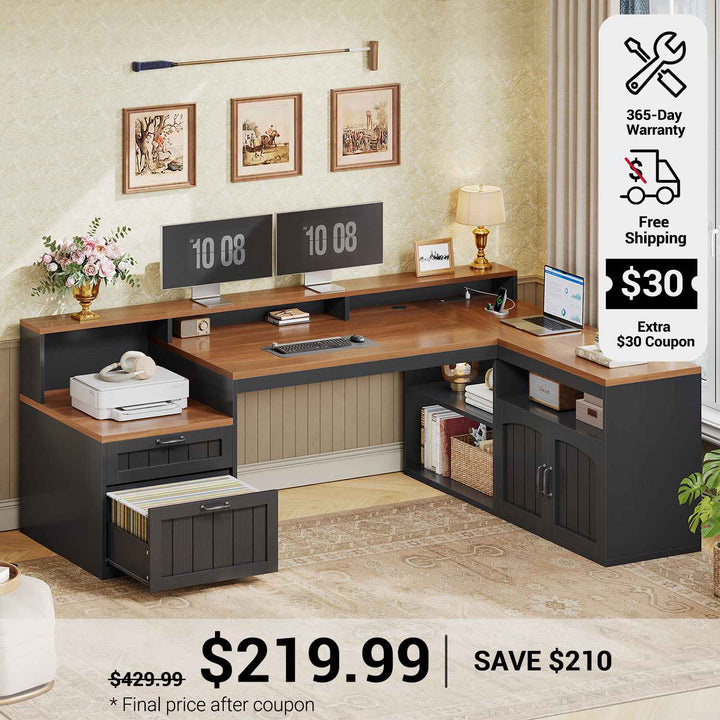 SEDETA 59 Inch Farmhouse L Shaped Computer Desk Wood Corner Office Desk with Power Outlets File Drawers Storage Cabinet Monitor Stand
