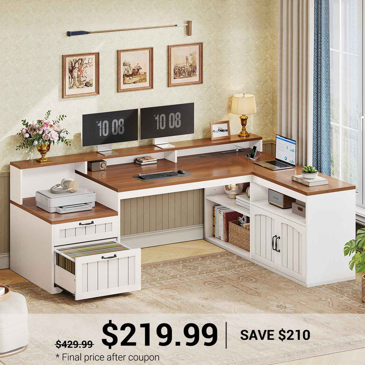 SEDETA 59 Inch Farmhouse L Shaped Computer Desk Wood Corner Office Desk with Power Outlets File Drawers Storage Cabinet Monitor Stand