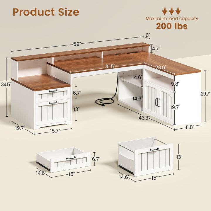 SEDETA® 59 Inch Farmhouse L Shaped Wood Computer Desk Corner Home Office Desk with File Drawers Storage Cabinet Monitor Stand Power Outlets