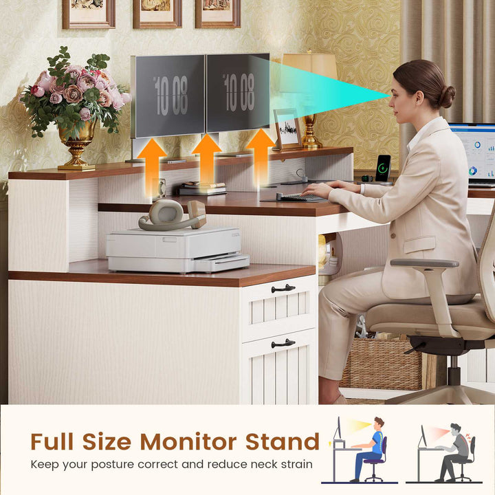 SEDETA® 59 Inch Farmhouse L Shaped Wood Computer Desk Corner Home Office Desk with File Drawers Storage Cabinet Monitor Stand Power Outlets