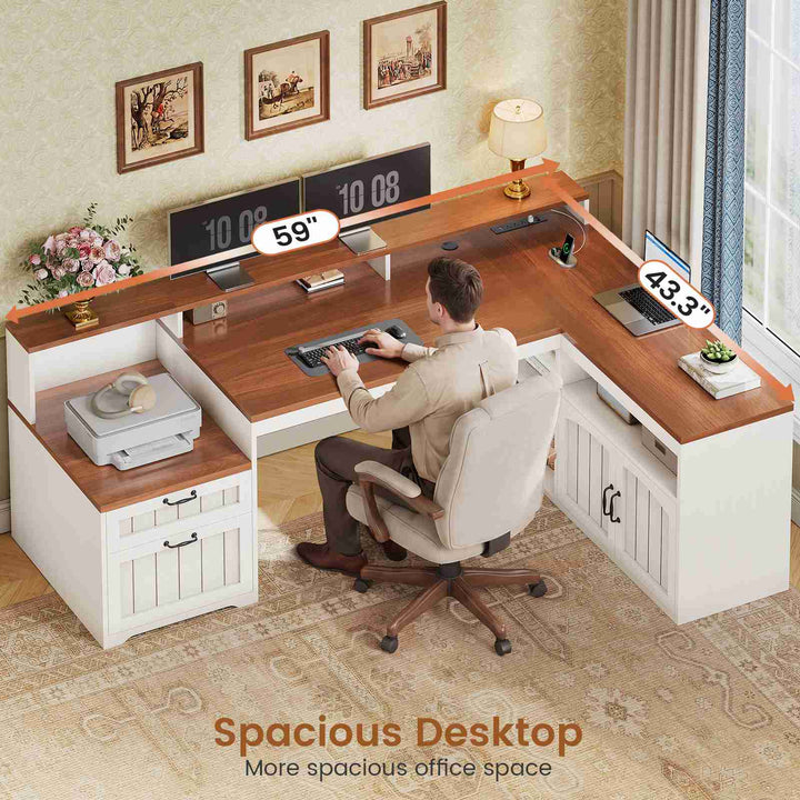 SEDETA® 59 Inch Farmhouse L Shaped Wood Computer Desk Corner Home Office Desk with File Drawers Storage Cabinet Monitor Stand Power Outlets