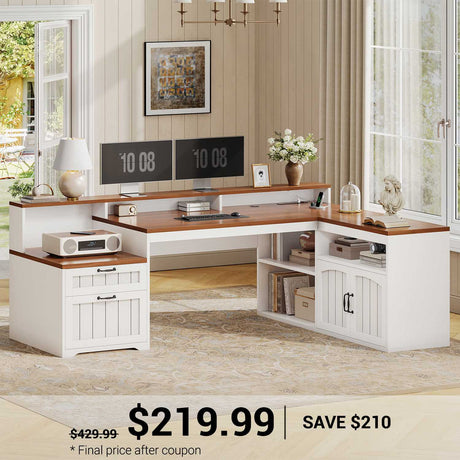SEDETA 59 Inch Farmhouse L Shaped Computer Desk Wood Corner Office Desk with Power Outlets File Drawers Storage Cabinet Monitor Stand