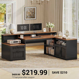 SEDETA 59 Inch Farmhouse L Shaped Computer Desk Wood Corner Office Desk with Power Outlets File Drawers Storage Cabinet Monitor Stand