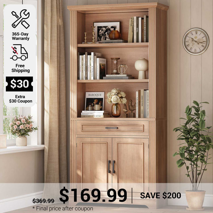 SEDETA 70 Inch Farmhouse Bookcases with Doors and Drawer Floor Standing 6 Shelf Display Storage Shelves