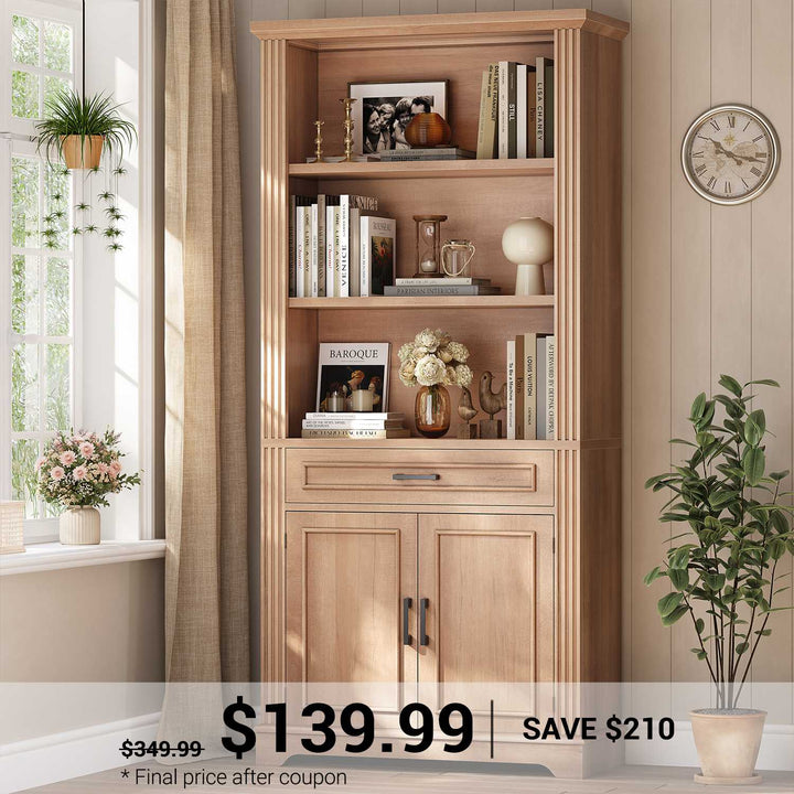 SEDETA | 70 Inch Tall Farmhouse Bookshelf with Doors and Drawer Floor Standing 6 Shelf Display Storage Shelves