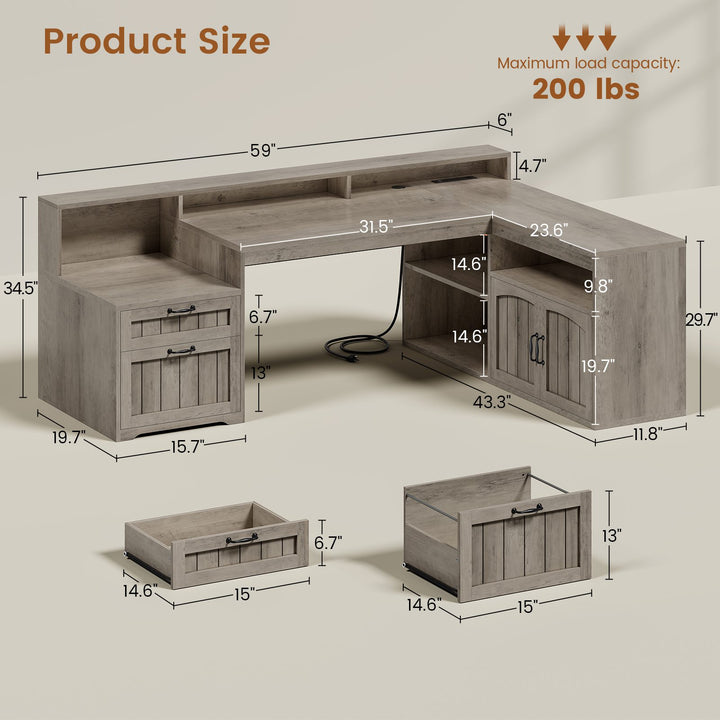 SEDETA® 59 Inch Farmhouse L Shaped Wood Computer Desk Corner Home Office Desk with File Drawers Storage Cabinet Monitor Stand Power Outlets
