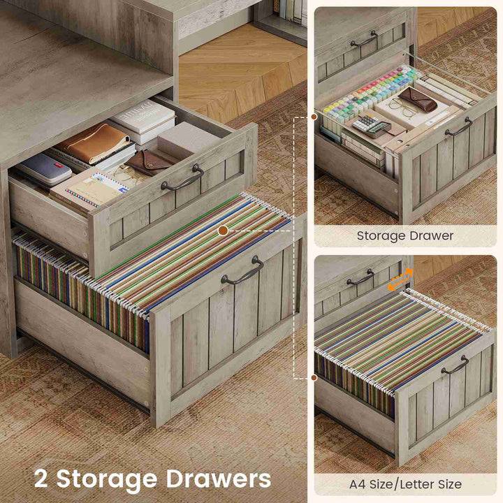 SEDETA® 59 Inch Farmhouse L Shaped Wood Computer Desk Corner Home Office Desk with File Drawers Storage Cabinet Monitor Stand Power Outlets