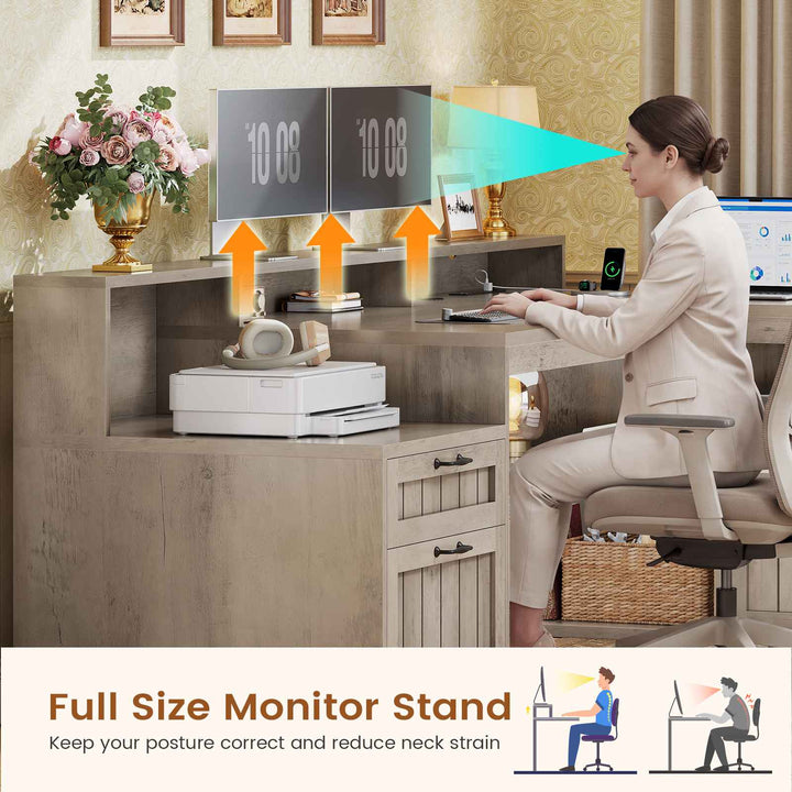 SEDETA® 59 Inch Farmhouse L Shaped Wood Computer Desk Corner Home Office Desk with File Drawers Storage Cabinet Monitor Stand Power Outlets