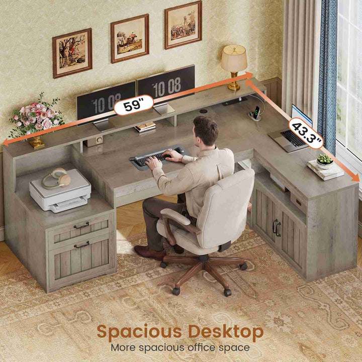 SEDETA® 59 Inch Farmhouse L Shaped Wood Computer Desk Corner Home Office Desk with File Drawers Storage Cabinet Monitor Stand Power Outlets
