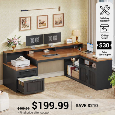SEDETA® 59 Inch Farmhouse L Shaped Wood Computer Desk Corner Home Office Desk with File Drawers Storage Cabinet Monitor Stand Power Outlets