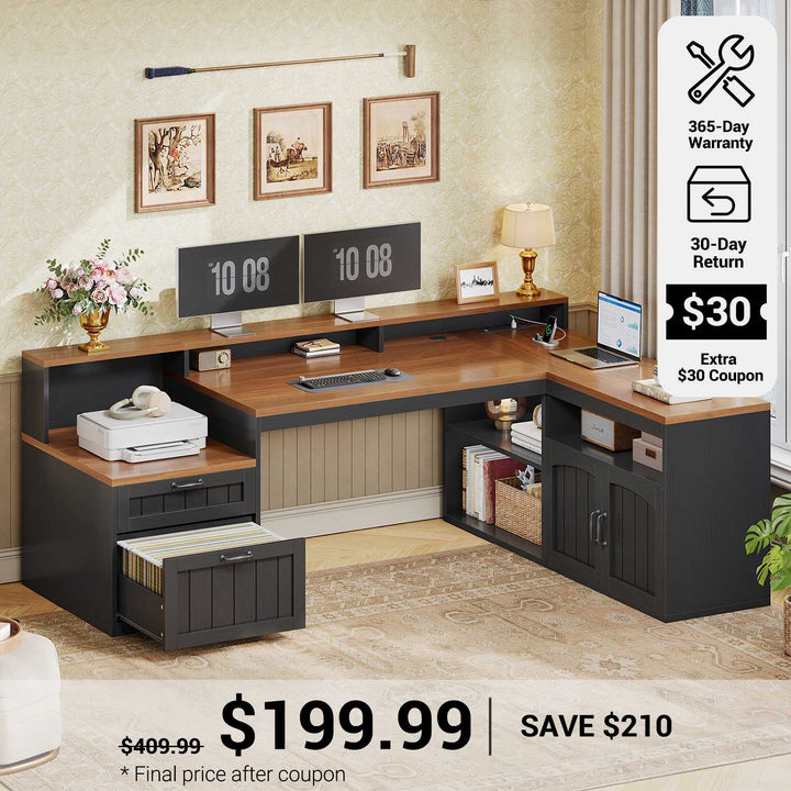 SEDETA® 59 Inch Farmhouse L Shaped Wood Computer Desk Corner Home Office Desk with File Drawers Storage Cabinet Monitor Stand Power Outlets