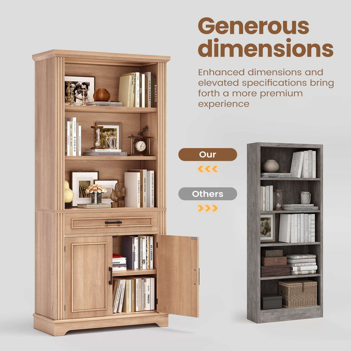 SEDETA 70 Inch Farmhouse Bookcases with Doors and Drawer Floor Standing 6 Shelf Display Storage Shelves