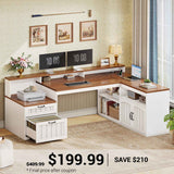 SEDETA | 59 Inch Wood Corner Computer Desk Farmhouse L Shaped Home Office Desk with Monitor Stand Power Outlets File Drawers Storage Cabinet