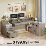 SEDETA | 59 Inch Wood Corner Computer Desk Farmhouse L Shaped Home Office Desk with Monitor Stand Power Outlets File Drawers Storage Cabinet
