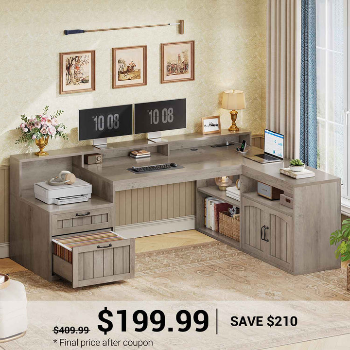 SEDETA® 59 Inch Farmhouse L Shaped Wood Computer Desk Corner Home Office Desk with File Drawers Storage Cabinet Monitor Stand Power Outlets