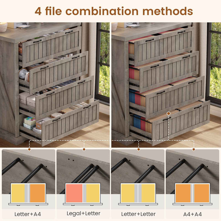 SEDETA 33.5 Inch Farmhouse 4 Drawer File Cabinet Filing Cabinet for Home Office Wood Office File Cabinets for Letter/Legal/A4 Size File Cabinet Organizer for Study Room Living Room