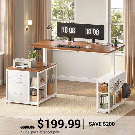 SEDETA | 61 Inch Home Office Stand up Desk with 3 Fabric Drawers Height Adjustable Computer Desk with Power Outlets Electric Standing Desk with Storage Drawers