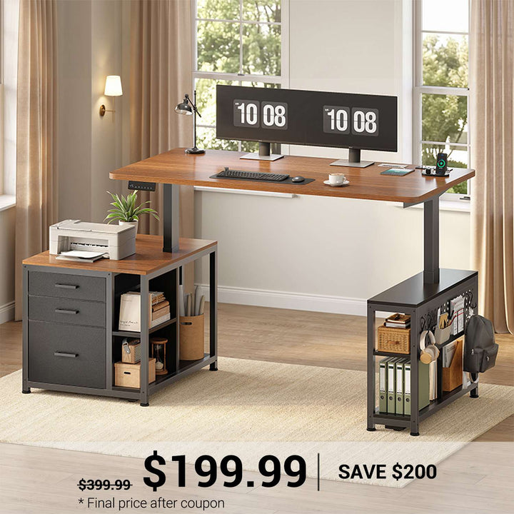 SEDETA | 61 Inch Home Office Stand up Desk with 3 Fabric Drawers Height Adjustable Computer Desk with Power Outlets Electric Standing Desk with Storage Drawers