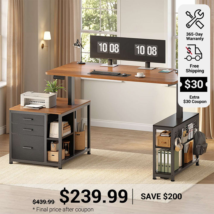 SEDETA 61 Inch Electric Standing Desk with 3 Fabric Drawers Height Adjustable Computer Desk with Storage Drawers and Power Outlets Home Office Stand up Desk for Work Study Writing