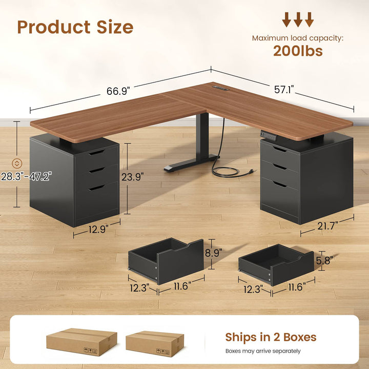 SEDETA 66.9 Inch L Shaped Electric Standing Desk with 6 Drawers Height Adjustable Corner Desk with Built-in Power Outlet Sit Stand Desk with 3 Memory Heights