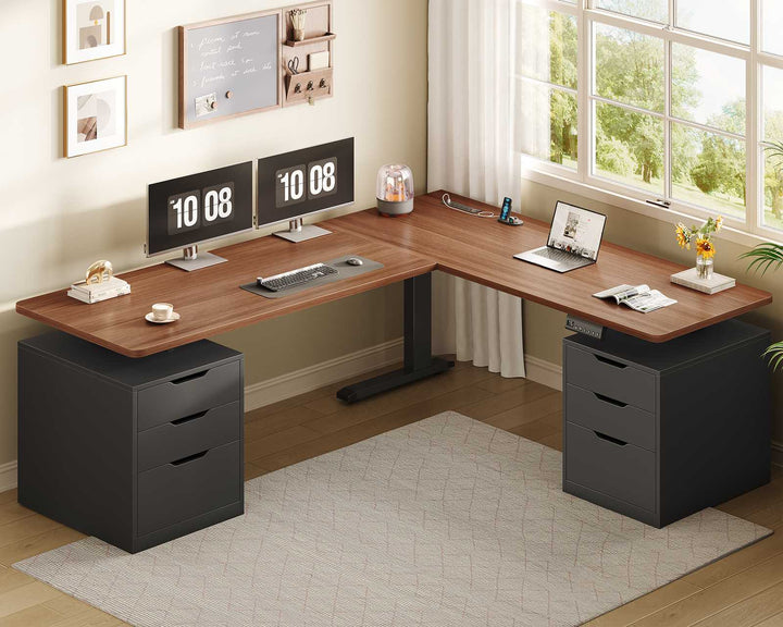 SEDETA 66.9 Inch L Shaped Electric Standing Desk with 6 Drawers Height Adjustable Corner Desk with Built-in Power Outlet Sit Stand Desk with 3 Memory Heights
