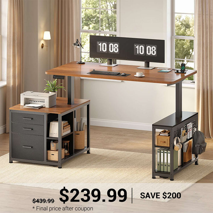 SEDETA 61 Inch Electric Standing Desk with 3 Fabric Drawers Height Adjustable Computer Desk with Storage Drawers and Power Outlets Home Office Stand up Desk for Work Study Writing