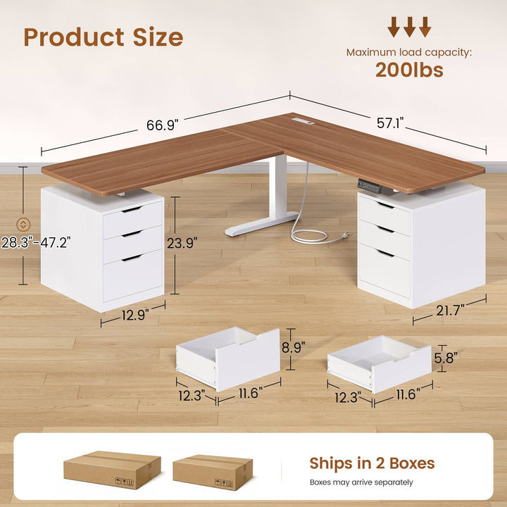 SEDETA 66.9 Inch L Shaped Electric Standing Desk with 6 Drawers Height Adjustable Corner Desk with Built-in Power Outlet Sit Stand Desk with 3 Memory Heights