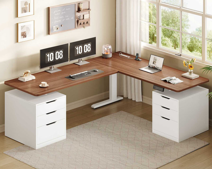 SEDETA 66.9 Inch L Shaped Electric Standing Desk with 6 Drawers Height Adjustable Corner Desk with Built-in Power Outlet Sit Stand Desk with 3 Memory Heights