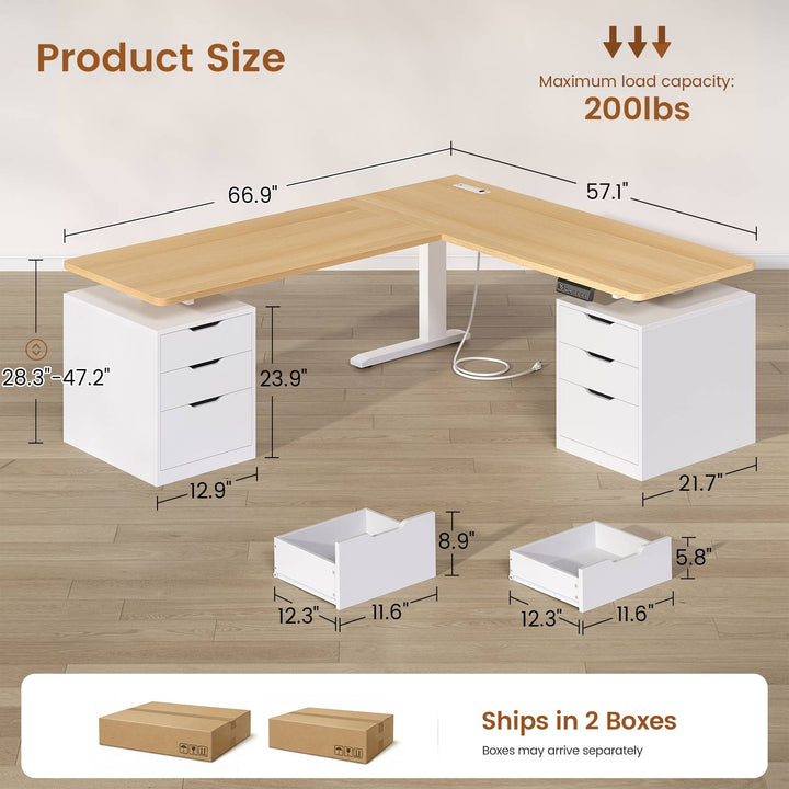 SEDETA 66.9 Inch L Shaped Electric Standing Desk with 6 Drawers Height Adjustable Corner Desk with Built-in Power Outlet Sit Stand Desk with 3 Memory Heights