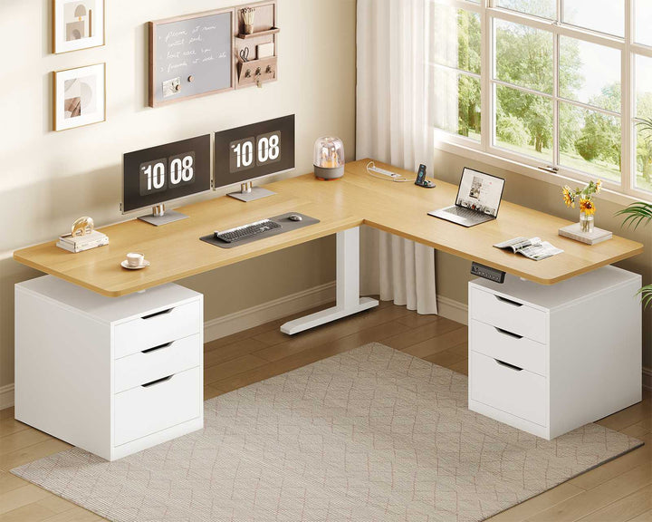 SEDETA 66.9 Inch L Shaped Electric Standing Desk with 6 Drawers Height Adjustable Corner Desk with Built-in Power Outlet Sit Stand Desk with 3 Memory Heights