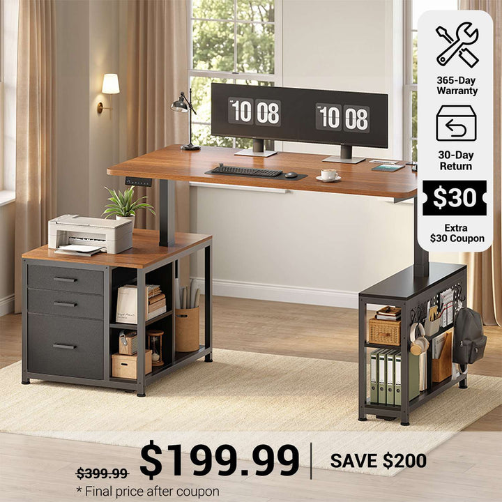 SEDETA® 61 Inch Height Adjustable Computer Desk with Storage Drawers and Power Outlets Electric Standing Desk with 3 Fabric Drawers Home Office Stand up Desk for Work Study Writing