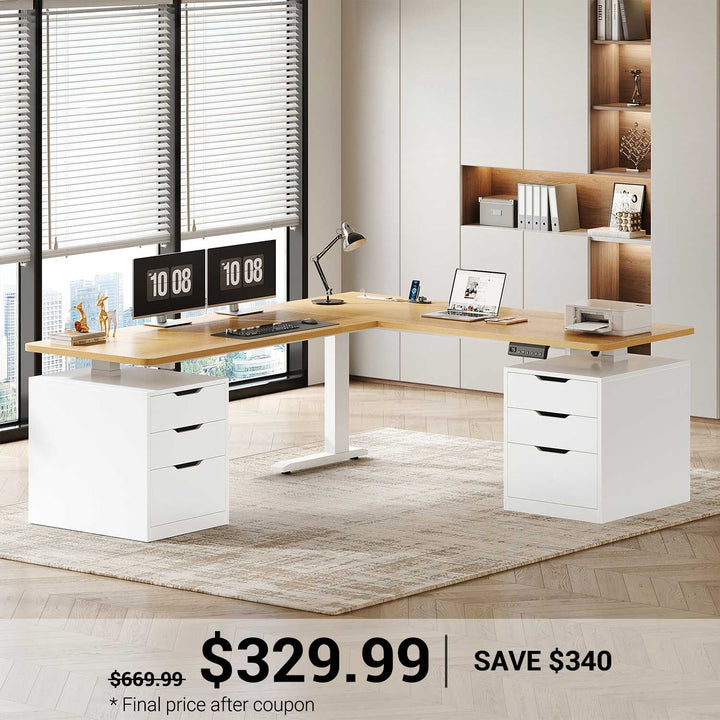 SEDETA | 66.9 Inch Sit Stand Desk with 3 Memory Heights L Shaped Electric Standing Desk with 6 Drawers Height Adjustable Corner Desk with Built-in Power Outlet