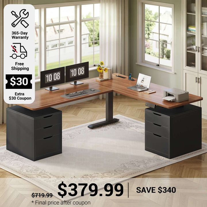 SEDETA 66.9 Inch L Shaped Electric Standing Desk with 6 Drawers Height Adjustable Corner Desk with Built-in Power Outlet Sit Stand Desk with 3 Memory Heights