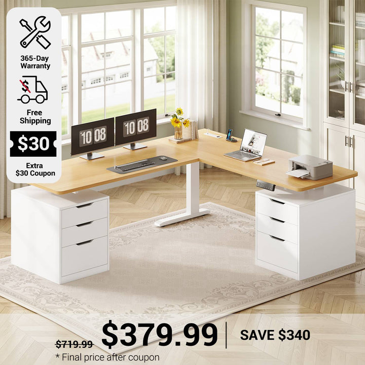 SEDETA 66.9 Inch L Shaped Electric Standing Desk with 6 Drawers Height Adjustable Corner Desk with Built-in Power Outlet Sit Stand Desk with 3 Memory Heights