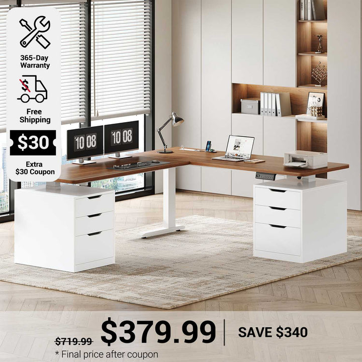 SEDETA 66.9 Inch L Shaped Electric Standing Desk with 6 Drawers Height Adjustable Corner Desk with Built-in Power Outlet Sit Stand Desk with 3 Memory Heights