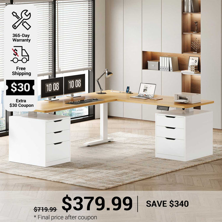 SEDETA 66.9 Inch L Shaped Electric Standing Desk with 6 Drawers Height Adjustable Corner Desk with Built-in Power Outlet Sit Stand Desk with 3 Memory Heights