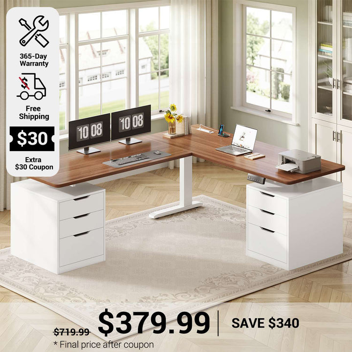 SEDETA 66.9 Inch L Shaped Electric Standing Desk with 6 Drawers Height Adjustable Corner Desk with Built-in Power Outlet Sit Stand Desk with 3 Memory Heights