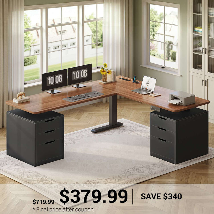 SEDETA 66.9 Inch L Shaped Electric Standing Desk with 6 Drawers Height Adjustable Corner Desk with Built-in Power Outlet Sit Stand Desk with 3 Memory Heights