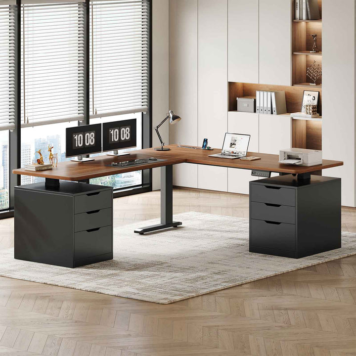 SEDETA 66.9 Inch L Shaped Electric Standing Desk with 6 Drawers Height Adjustable Corner Desk with Built-in Power Outlet Sit Stand Desk with 3 Memory Heights